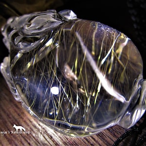 Gold Rutile Carved Quartz Dragon Turtle Hand Knit Basket Display Necklace - &quot;Celestial Pet&quot;