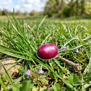 May include: A silver necklace with a large, round, deep red gemstone pendant rests in green grass. The pendant is set in a silver bezel. The background shows a blurred green field and blue sky.