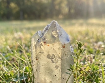 May include: A clear quartz crystal point with inclusions and a slightly blue tip, set in a field of green grass. The crystal is illuminated by sunlight, creating a natural and earthy aesthetic. The crystal is a natural, raw, and unpolished gemstone.