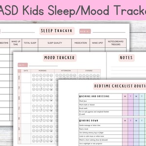 Può includere: Un set di fogli stampabili rosa e bianchi intitolati "ASD Kids Sleep/Mood Tracker". I fogli includono sezioni per il monitoraggio del sonno, il monitoraggio dell'umore, una lista di controllo per l'ora di andare a letto e note.