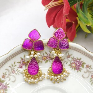 Handmade Flower Earrings | 18K Gold Plated Brass | Ethnic Dangle with Pearls | Glass Earrings | 18K Gold Plated Wedding Jewelry