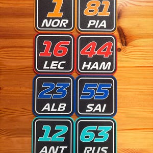 Könnte beinhalten: Acht quadratische Untersetzer mit Rennsportmotiven. Jeder Untersetzer zeigt eine Nummer, die Initialen des Fahrers und einen farbigen Rand. Die Zahlen sind in Orange, Rot, Blau und Türkis auf schwarzem Hintergrund.
