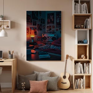 Retro 80s Room Canvas Wall Art, Vintage Music Cassette Print, Framed Nostalgic Bedroom Decor for Music Lovers, Gaming Room or Studio