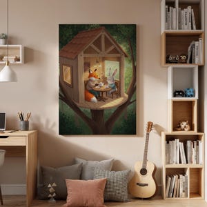 Fox Bunny Tea Party Canvas Wall Art Framed, Cute Woodland Treehouse Print, Nursery Kids Room Decor, Baby Bedroom Playroom Wall Artwork