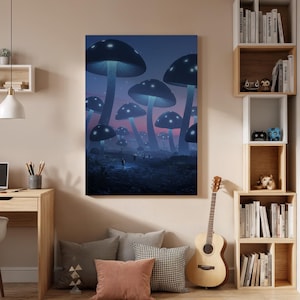 Riesige leuchtende Pilze Leinwand Wandkunst gerahmt, Fantasy Night Forest Druck, surreales biolumineszentes Dekor für Schlafzimmer oder Meditationsraum