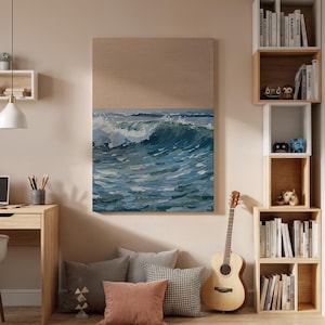 Ocean Wave Canvas Wall Art, Seascape Painting Print, Blue Coastal Artwork, Framed Minimal Beach Decor for Living Room Bedroom or Office
