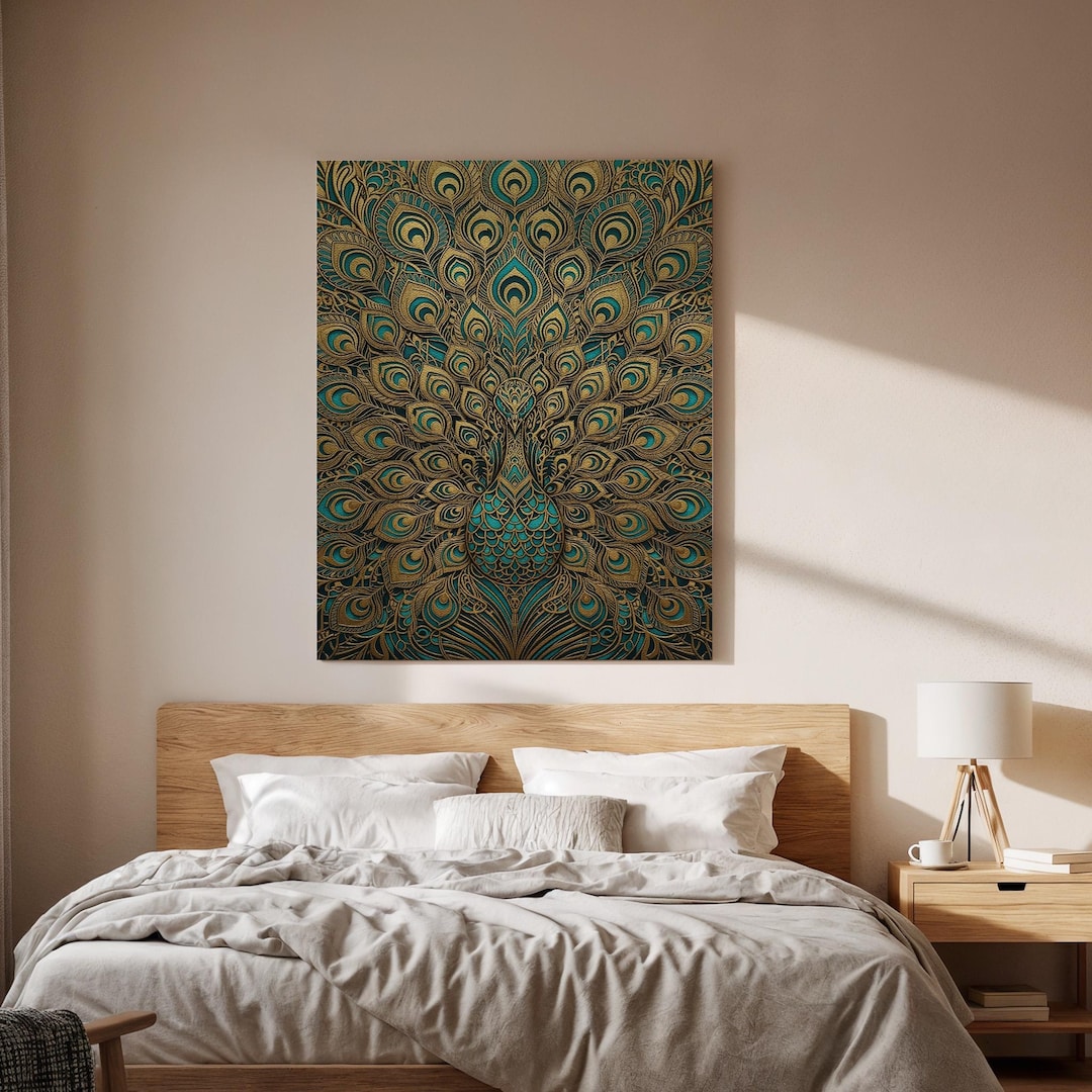 Peacock Wall Art, Ornate Feather Design, Framed Decorative Canvas, Teal ...