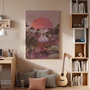 Retro Tropical Sunset Canvas Wall Art, Palm Tree Beach Landscape Print, Framed Vintage Style Nature Artwork for Living Room Bedroom