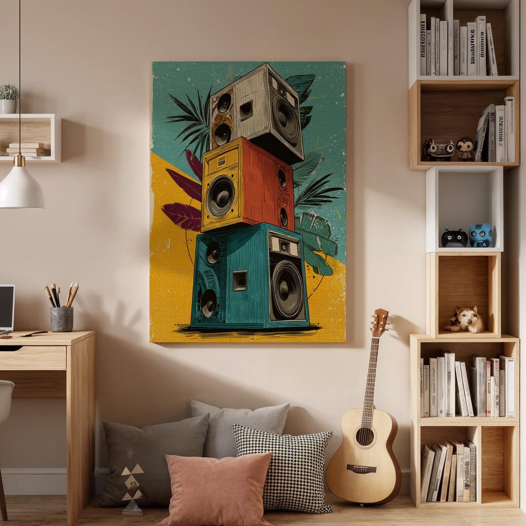 Retro Speaker Canvas Wall Art Framed, Colorful Vintage Sound