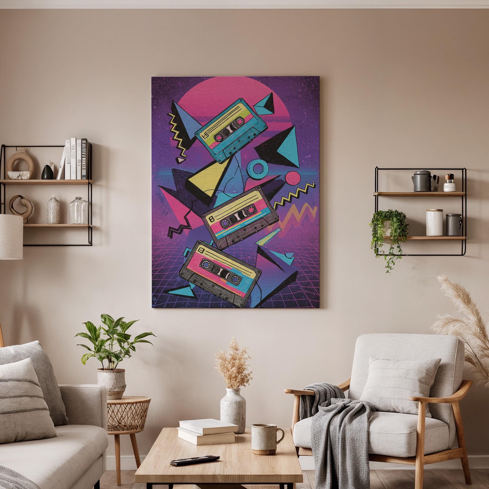 Retro Cassette Tape Canvas Wall Art, 80s Synthwave Music Print