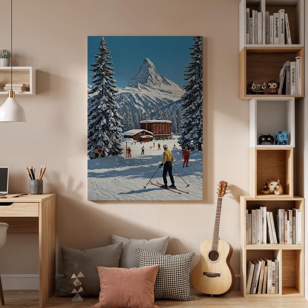 Vintage Ski Resort Canvas Print, Framed Snowy Mountain Scene - Etsy