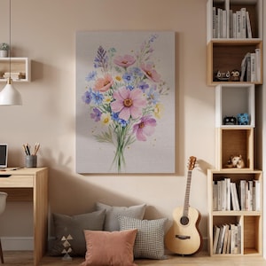 Watercolor Floral Bouquet Canvas Wall Art Framed, Elegant Soft Pastel Flower Print, Living Room Bedroom Decor, Modern Botanical Artwork