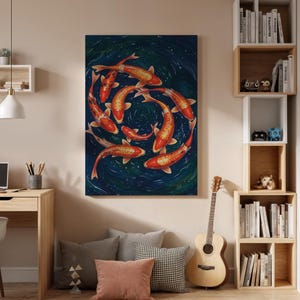 Koi Fish Canvas Wall Art Framed, Japanese Orange Blue Abstract Pond Print, Zen Calm Living Room Bedroom Decor, Tranquil Nature Artwork