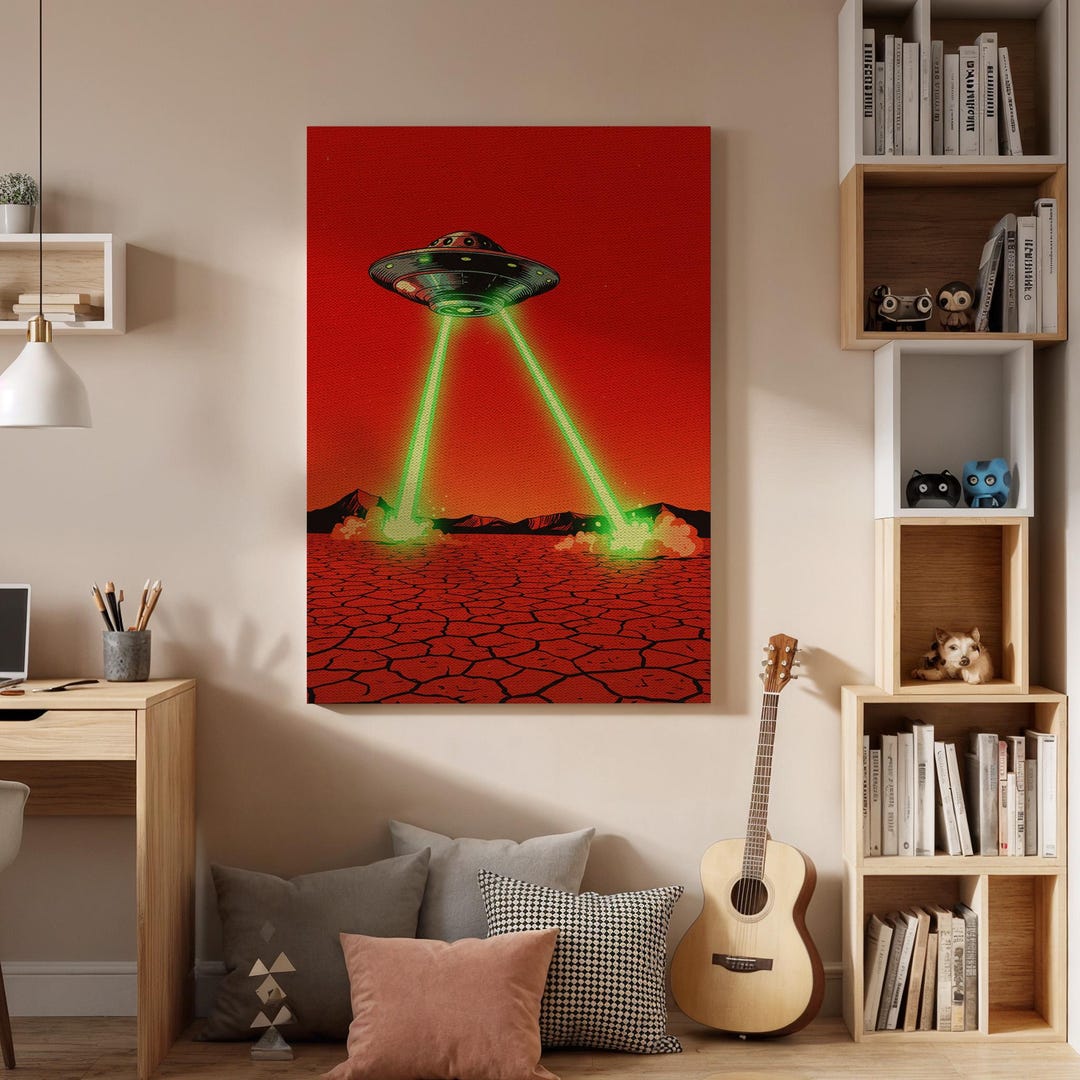 Retro Sci-fi UFO Canvas Wall Art – Alien Spaceship Attack Poster Print ...