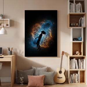 Cosmic Transformation Canvas Wall Art, Surreal Galaxy Silhouette Print, Framed Butterfly Nebula Artwork for Bedroom, Living Room or Studio