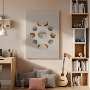Moon Phases Canvas Wall Art Framed, Gold Constellation Minimal Print, Boho Bedroom Living Room Decor, Modern Celestial Astrology Artwork