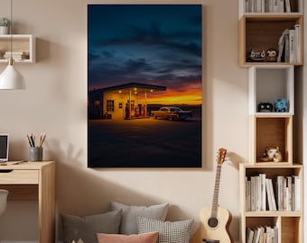 Retro Gas Station Canvas Wall Art Framed, Vintage Car Photography Print, Americana Sunset Decor for Garage, Man Cave or Rustic Office