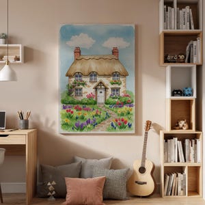 Cottage House Canvas Wall Art Framed, Floral Garden Country Print, Cozy Pastel Decor for Living Room Bedroom Kitchen, Farmhouse Artwork