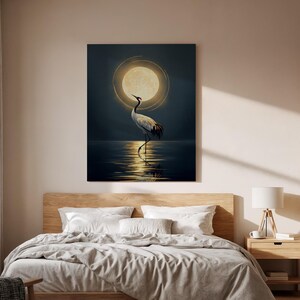 Graceful Crane Canvas Wall Art, Elegant Bird Painting, Moonlight Reflection Artwork for Bedroom Living Room Decor, Nature-Inspired Gift
