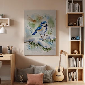 Lienzo de pájaro azul enmarcado, impresión de acuarela, decoración para dormitorio y sala de estar, arte de pared moderno con vida silvestre.