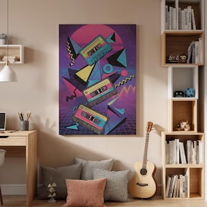 Retro Cassette Tape Canvas Wall Art, 80s Synthwave Music Print, Neon Vaporwave Style Framed Poster for Studio, Game Room or Teen Bedroom