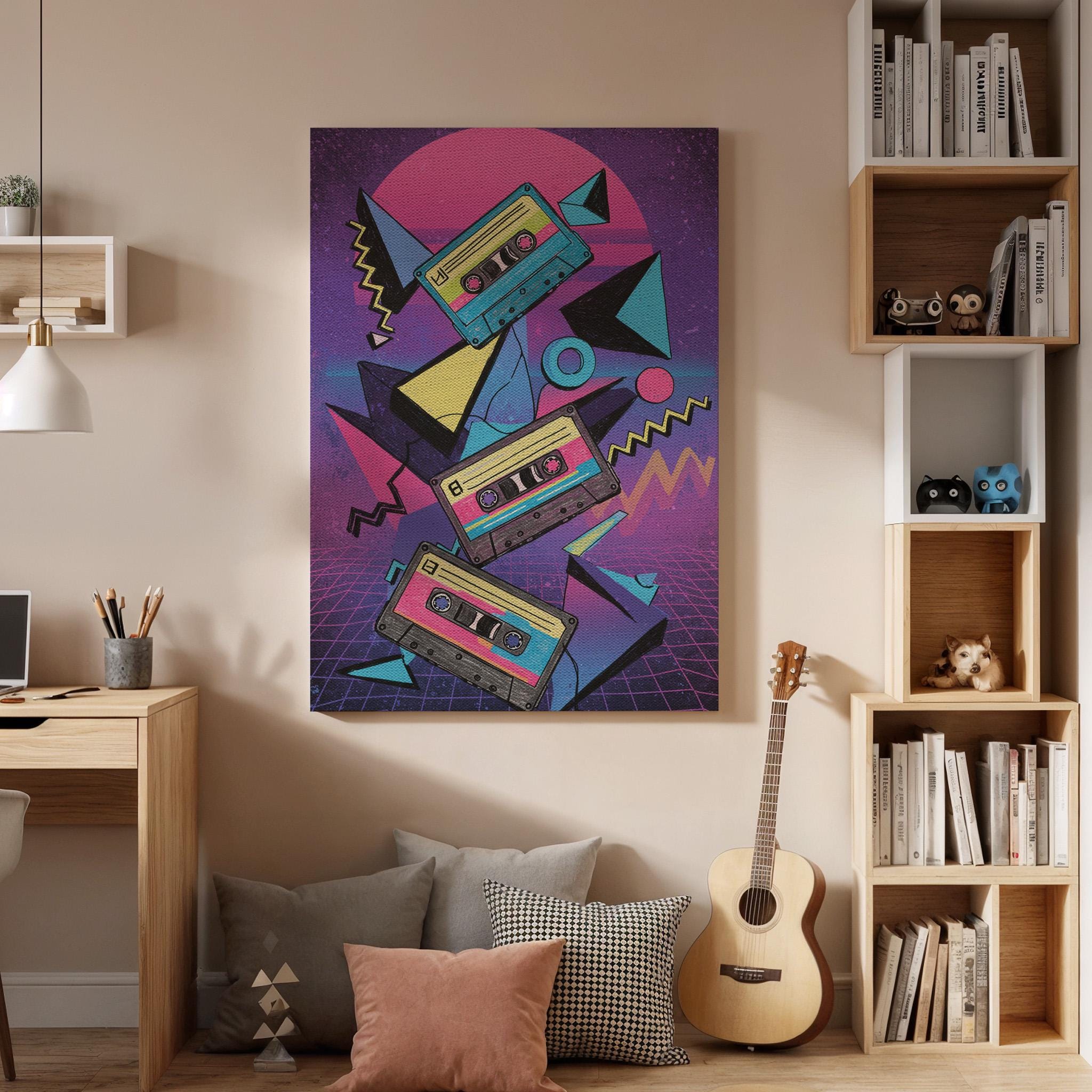 Retro Cassette Tape Canvas Wall Art, 80s Synthwave Music Print