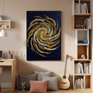 Abstract Swirl Canvas Wall Art, Blue and Gold Spiral Painting Print, Modern Geometric Artwork, Framed Minimal Decor for Living Room, Office