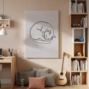 Sleeping Cat Line Art Canvas, Minimalist Pet Illustration Print, Framed Modern Black and White Animal Wall Decor for Bedroom or Office