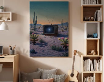 Surreal Desert Galaxy TV Canvas Wall Art, Framed Retro Sci Fi Artwork, Trippy Cactus Landscape Print for Modern Home, Studio or Bedroom