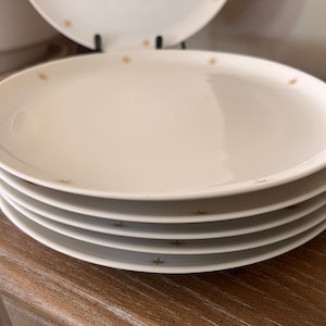 May include: A stack of off-white ceramic plates with a starburst pattern in gold. The plates are stacked on a wooden surface, with one plate visible in the background.