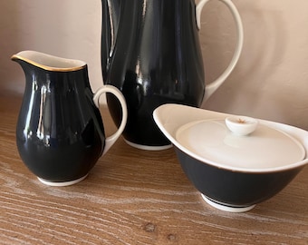 ヴィンテージの希少品：シラキュース・チャイナ製コーヒー／ティーセット3点セット、ノクターン柄、ミッドセンチュリーモダン、1955年～1966年製