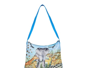 Hand-Painted Leather Hobo Bag: Animal Print Shoulder Purse