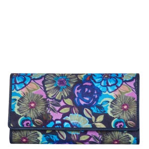 May include: A floral print wallet featuring a vibrant pattern of blue, purple, and green flowers on a dark background. The wallet has a fold-over design with a navy blue trim.