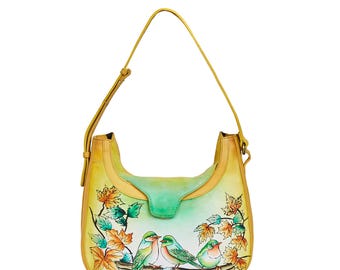 Hand-Painted Leather Hobo Bag: Bird Art Shoulder Bag