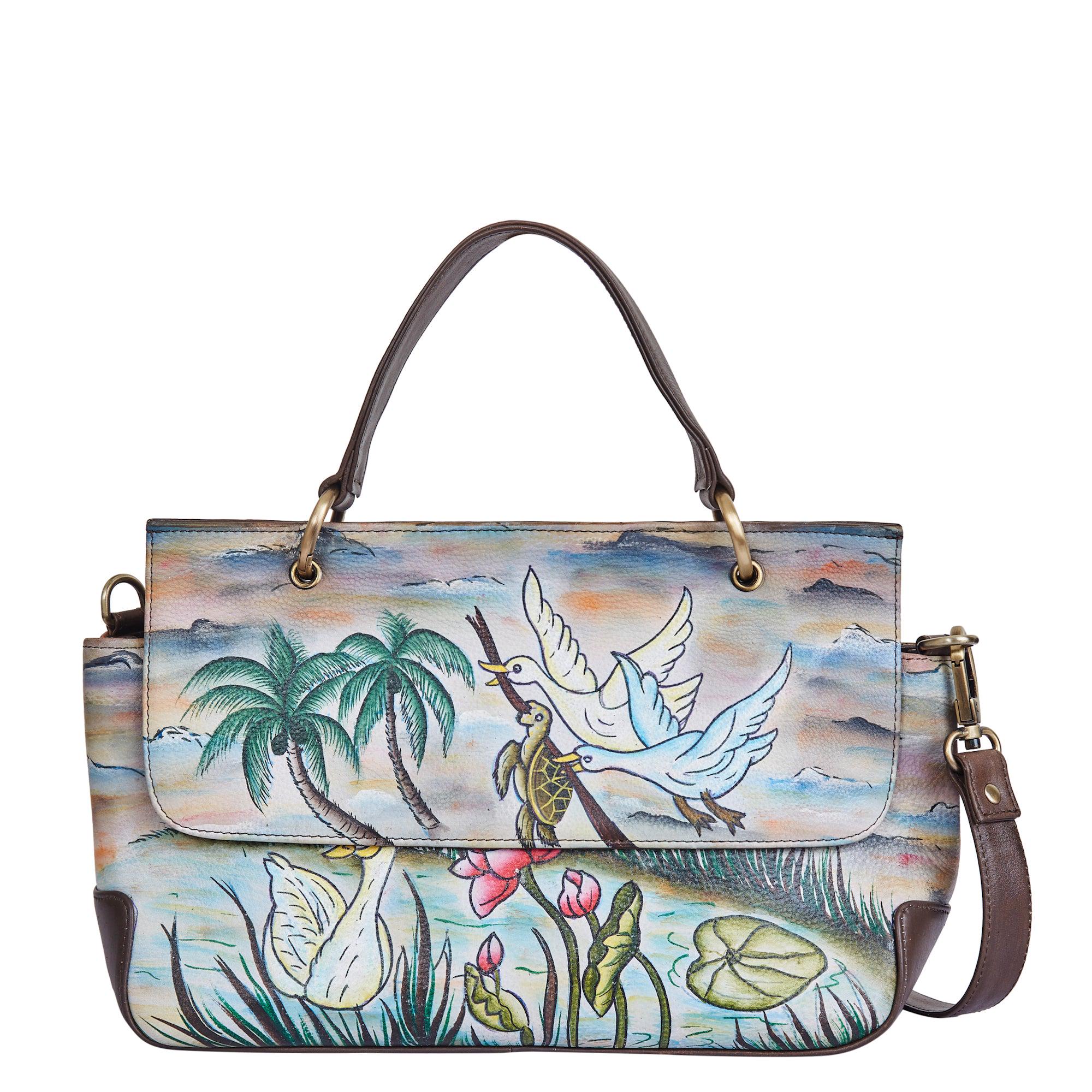Hand-Painted Leather Satchel Bag: Swan & Turtle Art, Crossbody Purse