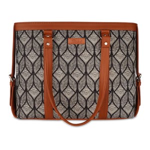 Sishka Printed Fabric with Leather Trim Laptop Bag – Hand Crafted Women’s Shoulder Tote for Work, Business Travel & Daily Carry Needs