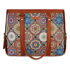 Sishka Printed Fabric with Leather Trim Laptop Bag – Hand Crafted Women’s Shoulder Tote for Work, Business Travel & Daily Carry Needs