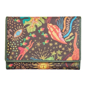 May include: A brown wallet with a vibrant, artistic design featuring illustrations of fish, a sun, and a figure. The wallet has a green border and a snap closure. The text "BE" and "RIO" are visible.