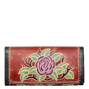 Sishka Hand Painted Ladies Red Leather Wallet – Elegant Pink Flower Accent, Stylish Compact Purse for Daily Use and Special Occasions
