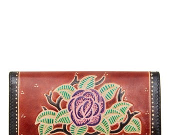 Hand-Painted Red Leather Wallet: Floral Accent Compact Purse