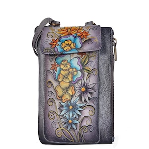 Hand-Painted Leather Phone Wallet for Women, Cross body Cell Phone Bag with Strap, Stylish Purse