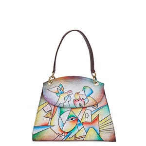 Sishka Ladies Hand Painted Leather Bag–Abstract Multi-Color Artistic Handbag, Stylish Unique Shoulder Style Perfect for Work & Everyday Wear