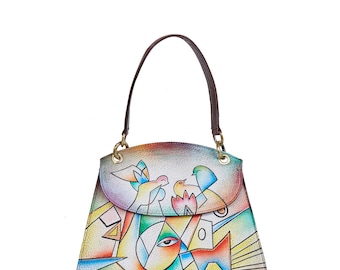 Hand-Painted Leather Shoulder Bag: Abstract Art, Everyday Style