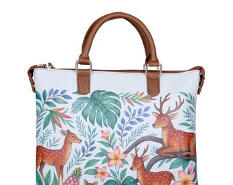 Vegan Leather Convertible Shoulder Bag – Deer Print Crossbody Handbag