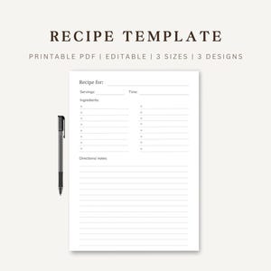 Plantilla de receta editable e imprimible, PDF imprimible, editable, plantilla de Canva, página de receta en blanco, tarjeta de receta, planificador de comidas, A4, A5, carta