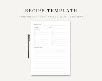 Printable Editable Recipe Template, Printable PDF, Editable, Canva Template, Blank Recipe Page, Recipe Card, Meal Planner, A4, A5, Letter