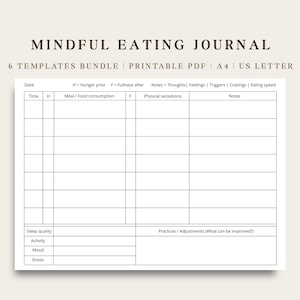Puede incluir: Una plantilla imprimible de diario de alimentación consciente con el título "MINDFUL EATING JOURNAL" en la parte superior. El diario incluye secciones para rastrear el hambre, la saciedad, el consumo de alimentos, las sensaciones físicas y las notas. Es un paquete de 6 plantillas, imprimible en formato PDF, A4 y US Letter.