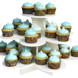 The Smart Baker 3 Tier Flower Cupcake Tower shown full with cupcakes on a white background.