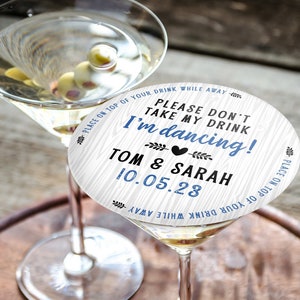 Personalized Drink Cover Wedding Coasters | Don't Take My Drink I'm Dancing | White Wood Farmhouse Design | Wedding Reception Favor