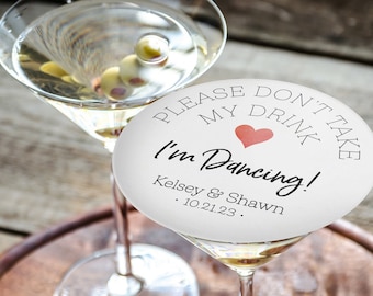 Personalized Drink Cover Wedding Coasters | Don't Take My Drink I'm Dancing | Elegant White Red Heart Design | Wedding Reception Favor